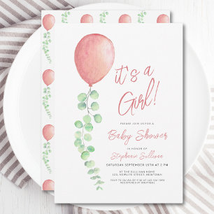 Invitation C'Est Une Fille Balloon Eucalyptus Baby shower de 
