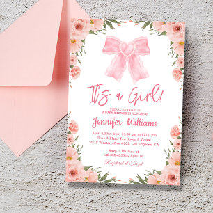 Invitation c'est une fille, chic baby shower fleuri arc rose