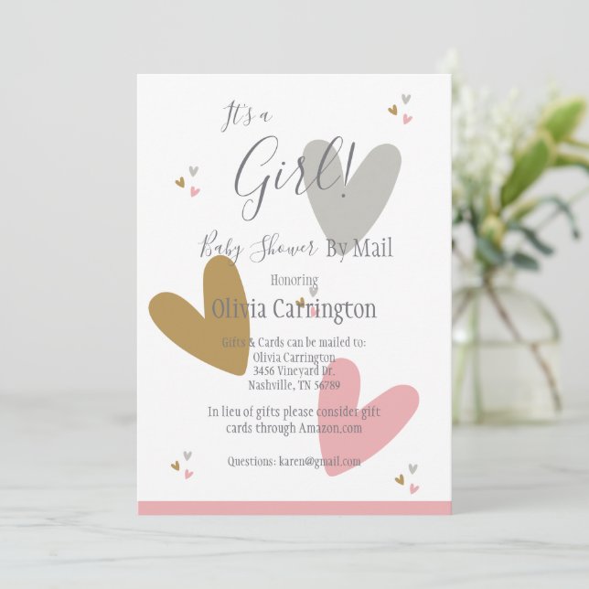 Invitation C'est une FILLE Coeurs roses Baby shower moderne p (Debout devant)