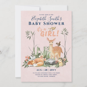 Invitation C'est une FILLE ! Cute Woodland Baby Animals Douch