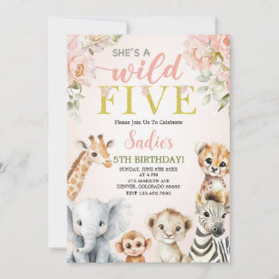 Invitation C'est une fille de cinq ans sauvage Safari floral