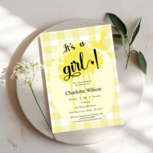 Invitation C'est une fille Douce Baby Shower jaune à carreaux