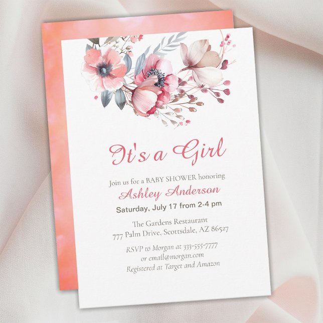 Invitation C'est une fille, du texte de script, des fleurs, d (Créateur téléchargé)
