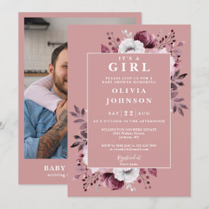 Invitation C'est une fille Dusty Rose Baby shower photo flora