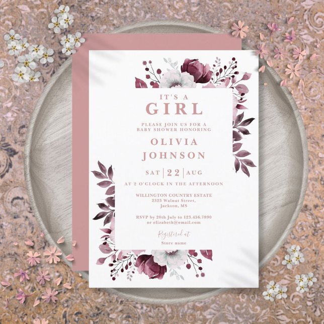 Invitation C'Est Une Fille Dusty Rose Élégant Baby shower Flo (Its A Girl Dusty Rose Elegant Floral Baby Shower Invitation)