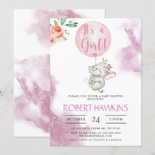Invitation C'est une fille, Eléphant Baby shower de ballon In