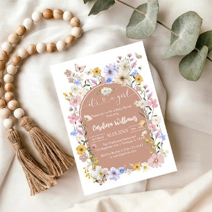 Invitation C'est une fille Fête de Bébé Fleur Sauvage Papillo
