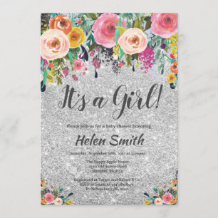 Invitation C'est une fille Fête de bébé Floral Pailleté Argen