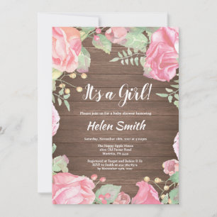 Invitation C'est une fille Fleurs roses Baby Shower Bois rust