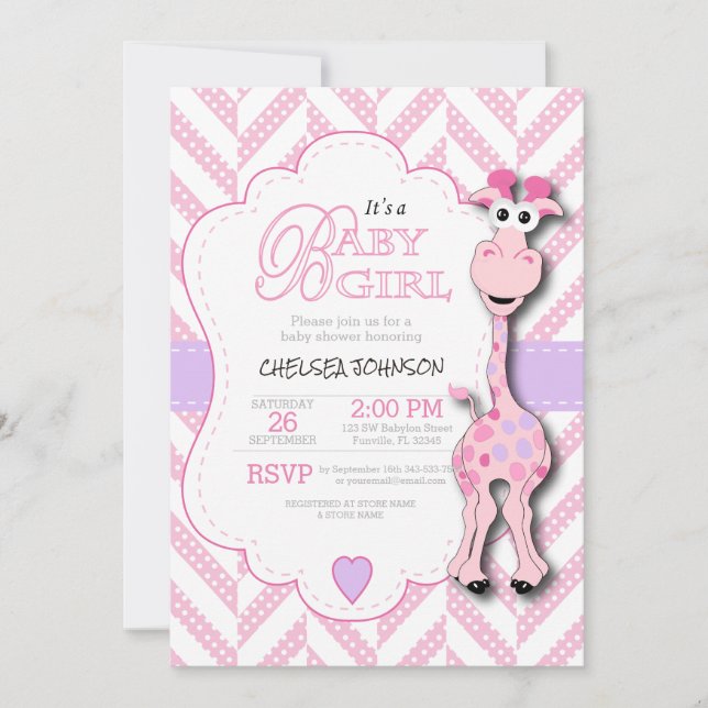 Invitation C'est une fille - Girafe rose - Baby shower (Devant)