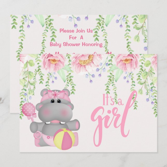 Invitation C'est une fille Hippo Baby shower Floral Invitatio (Devant / Derrière)