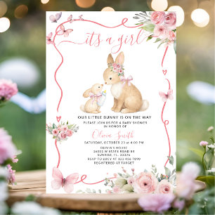 Invitation C'est une fille Lapin Baby Shower Rose Floral