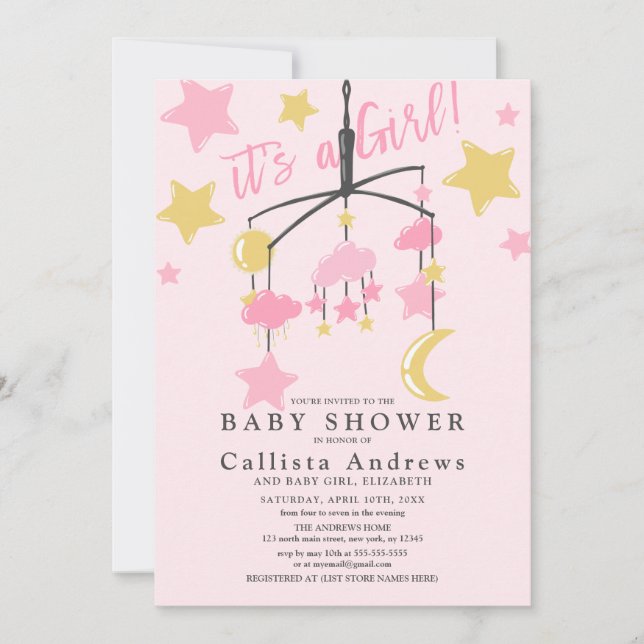 Invitation C'est une fille Lune Stars Baby shower mobile (Devant)