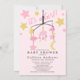 Invitation C'est une fille Lune Stars Baby shower mobile