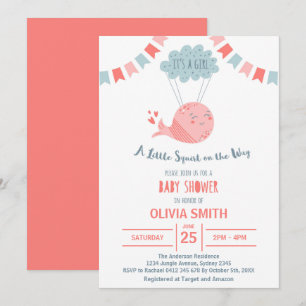 Invitation C'est une fille mignonne baleine rose volant sur l