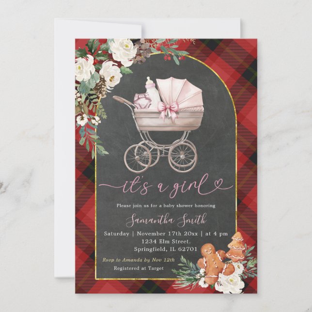 Invitation C'est une fille Porte bébé Rouge Noir Plaid Douche (Devant)