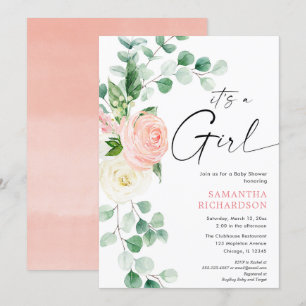 Invitation C'est une Fille printemps fleurie vert eucalyptus 