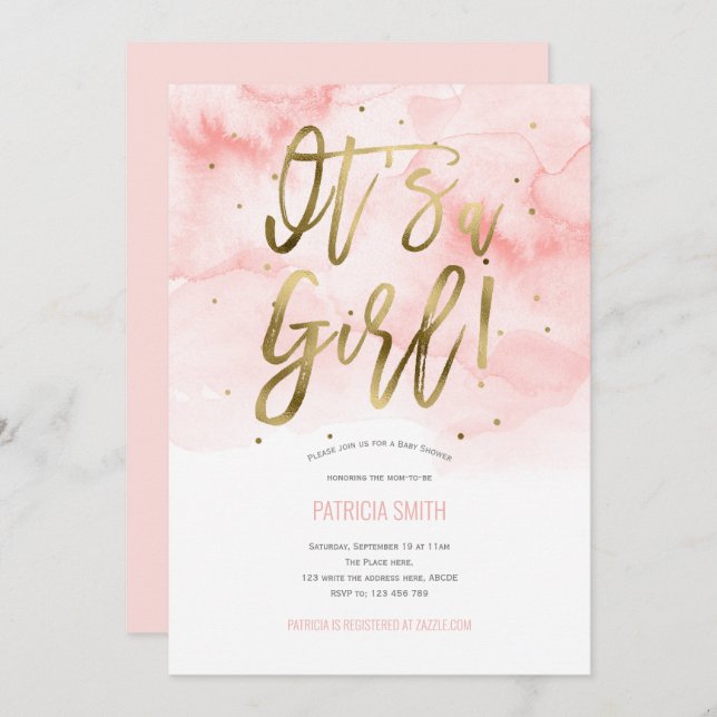 Invitation C'est une fille, rose, Aquarelle, Bébé fille Douch (Devant / Derrière)