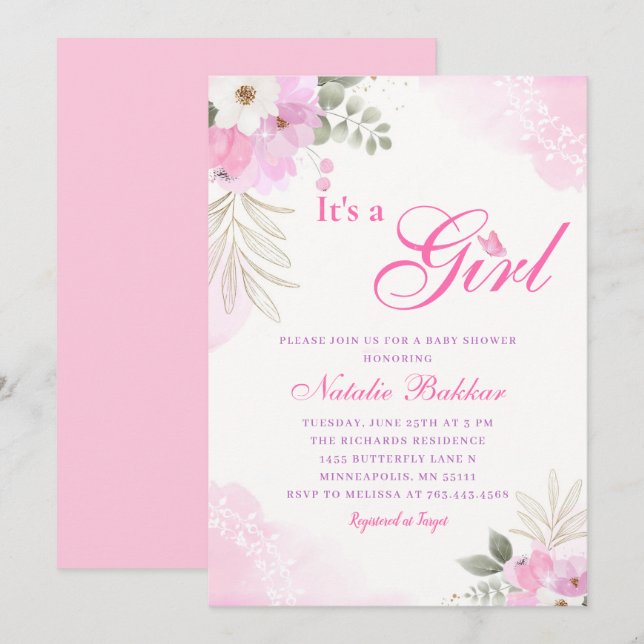 Invitation C'Est Une Fille Rose Aquarelle Floral Baby Girl Do (Devant / Derrière)