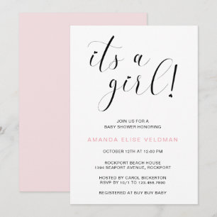 Invitation C'est une fille rose Baby shower de typographie de