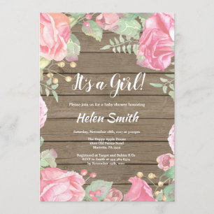Invitation C'est une fille rose Baby shower Floral Bois rusti