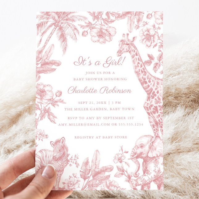 Invitation C'est une fille rose Baby shower Safari Toile (It's a Girl Pink Girl Baby Shower Safari Toile Invitation)