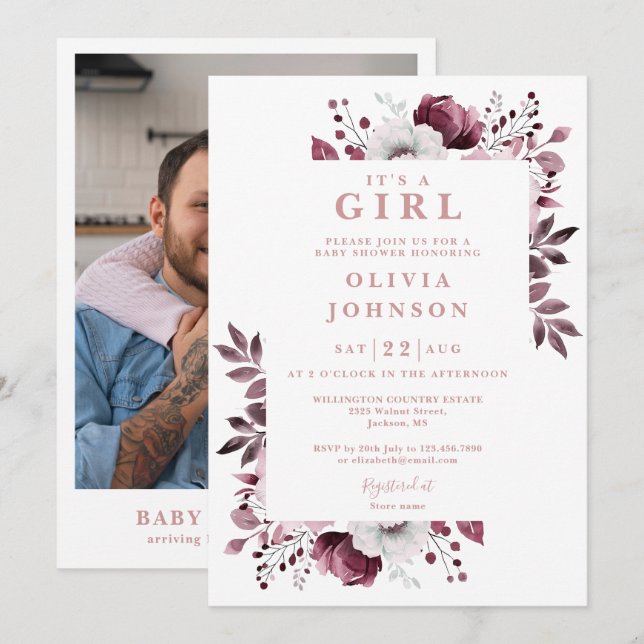 Invitation C'Est Une Fille Rose Élégant Baby shower Photo Flo (Devant / Derrière)