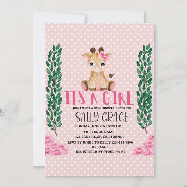 Invitation C'Est Une Fille, Rose, Girafe, Baby shower (Devant)