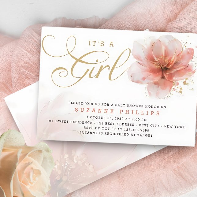 Invitation C'est une fille rose or Baby shower Floral moderne (Créateur téléchargé)