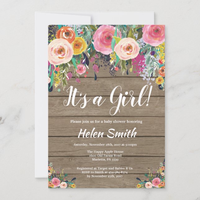 Invitation C'est une fille Rustique Baby shower Floral Invita (Devant)
