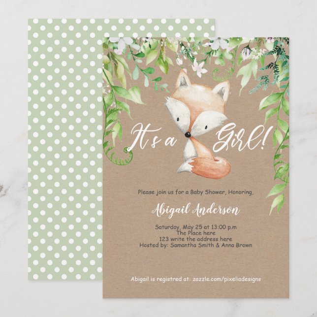 Invitation C'est une fille, Rustique, Bois, Verdure, Baby sho (Devant / Derrière)