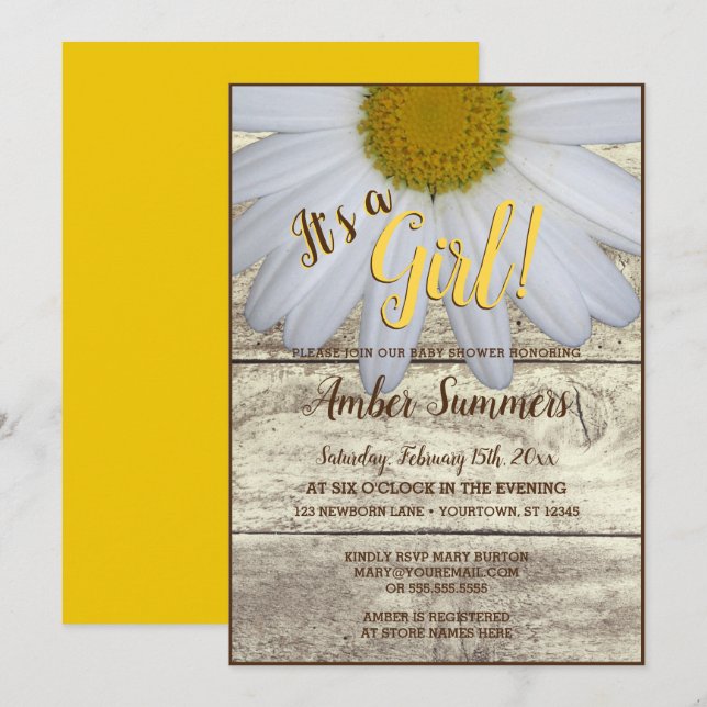 Invitation C'est une fille Rustique Floral Daisy Baby shower  (Devant / Derrière)