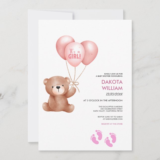 Invitation C'Est Une Fille Teddy Bear Balloon Baby shower (Devant)