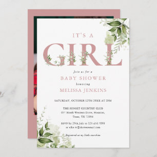 Invitation C'est une fille verdoyante Dusty Rose Baby shower 