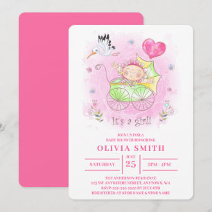 Invitation C'est une fille Watercolor Baby Girl In The Stroll
