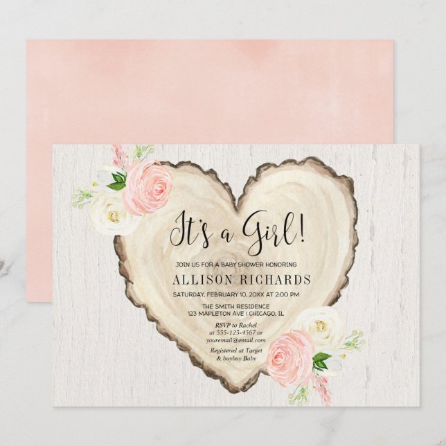 Invitation C'est une jeune fille rustique valentines florales (Devant / Derrière)
