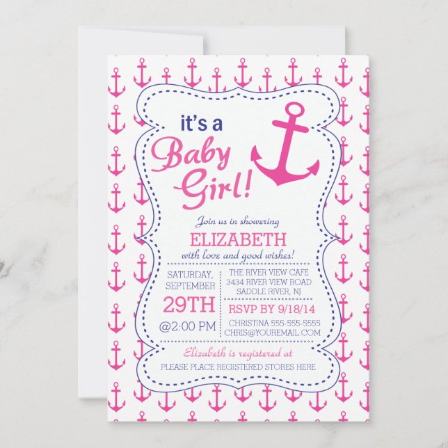 Invitation C'est une petite fille Ancre Baby shower nautique (Devant)