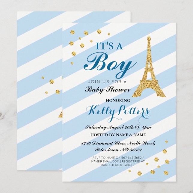 Invitation C'est une rayure bleue de Tour Eiffel de baby (Devant / Derrière)