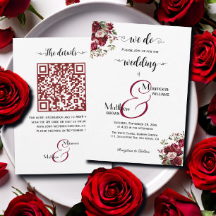 Invitation C'est vrai ! Burgundy Floral Script QR Code Mariag