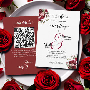Invitation C'est vrai ! Burgundy Floral Script QR Code Mariag