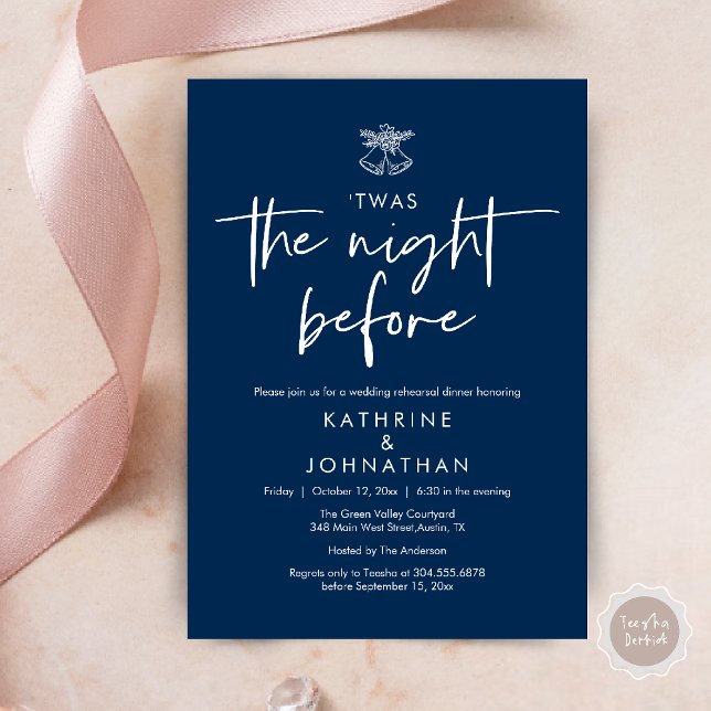 Invitation C'Était La Nuit Avant Le Dîner De La Répétition Ma (Twas The Night Before Wedding Rehearsal Dinner Party Invites Card mistletoe wedding bell navy blue)
