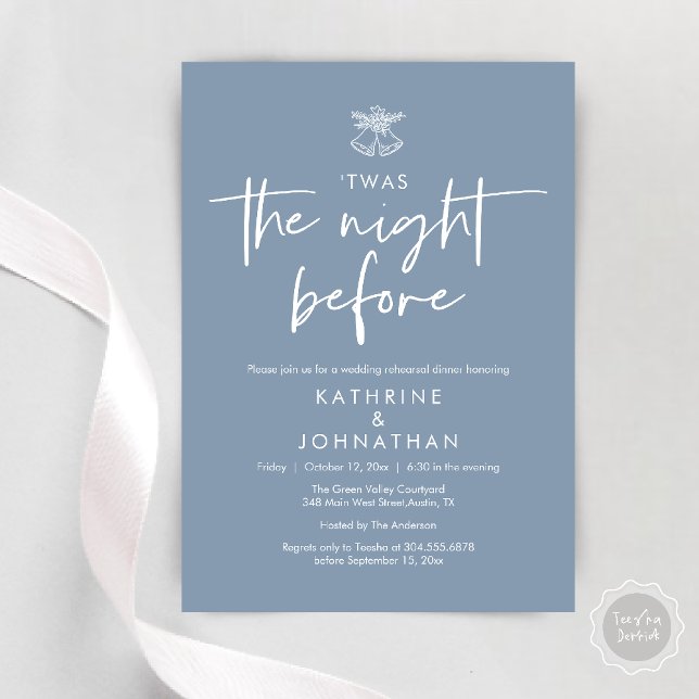 Invitation C'Était La Nuit Avant Le Dîner De La Répétition Ma (Twas The Night Before Wedding Rehearsal Dinner Party Invites Card mistletoe wedding bell dusty blue)