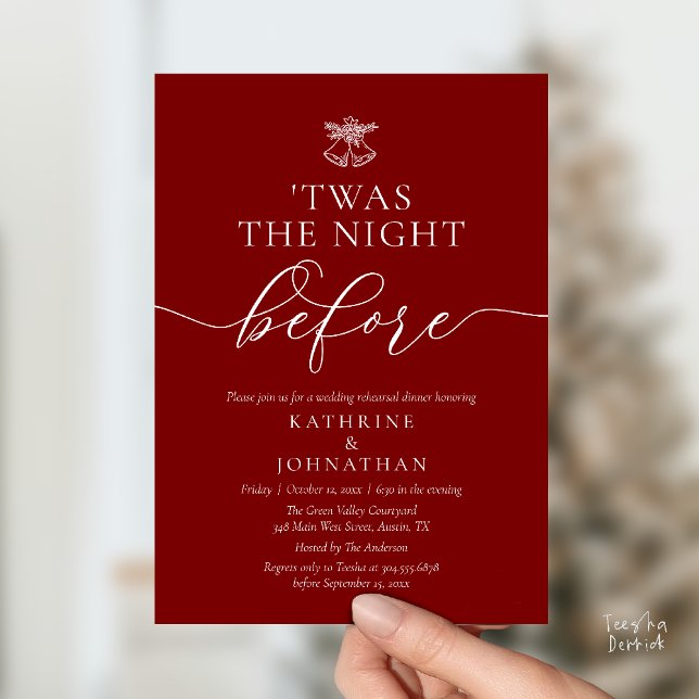 Invitation C'Était La Nuit Avant Le Dîner De Répétition Class ('Twas The Night Before Modern Romantic Wedding Rehearsal Dinner Invites Card PDF Burgundy Wine Red)