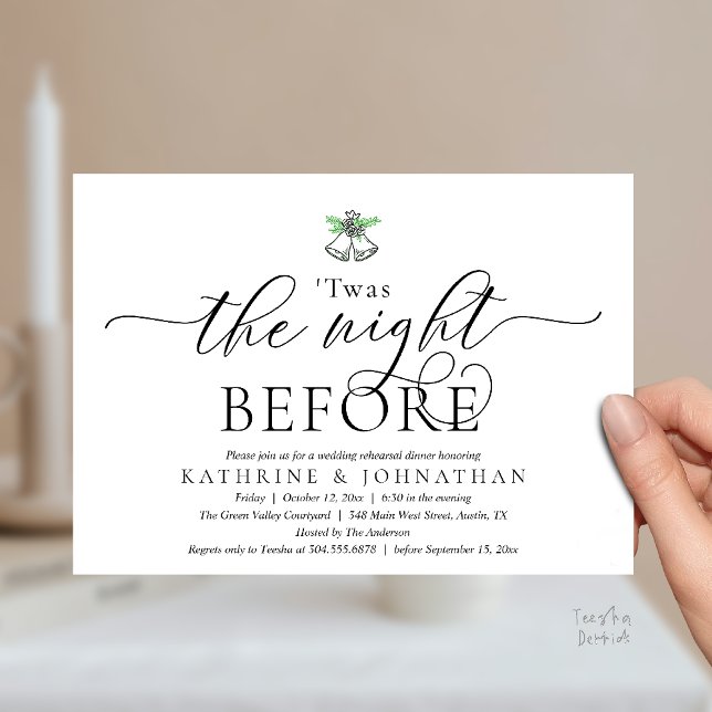 Invitation C'Était La Nuit Avant Le Dîner De Répétition Moder ('Twas The Night Before Modern Romantic Wedding Rehearsal Dinner Invitation Card PDF Black White)