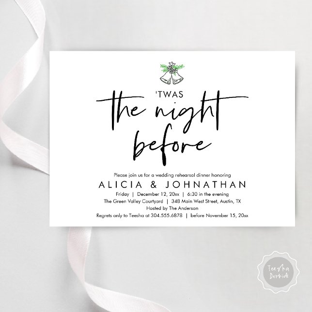 Invitation C'Était La Nuit Précédente, Dîner De Répétition Ma (Twas The Night Before Wedding Rehearsal Dinner Party Invites Card mistletoe wedding bell black white)