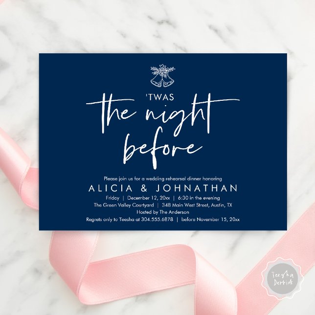 Invitation C'Était La Nuit Précédente, Dîner De Répétition Ma (Twas The Night Before Wedding Rehearsal Dinner Party Invites Card mistletoe wedding bell navy blue)
