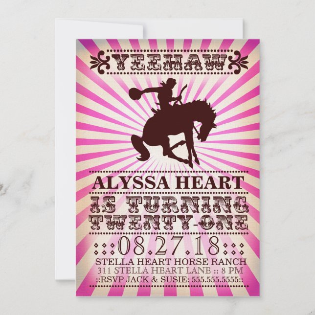 Invitation CG Yeehaw Rodeo 21e anniversaire rose (Devant)