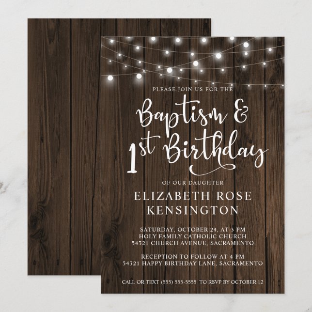 Invitation Chaîne de bois rustique éclaire Baptême 1er annive (Devant / Derrière)