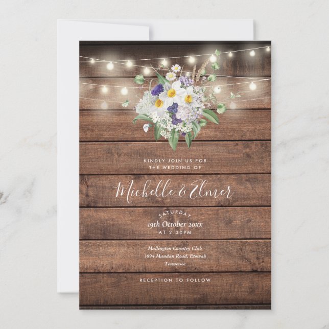 Invitation Chaîne de bois rustique éclaire le Mariage floral (Devant)