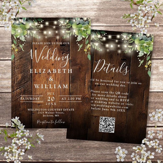 Invitation Chaîne de bois rustique éclaire verdure Mariage de (Rustic Wood String Lights Greenery QR Code Wedding Invitation)